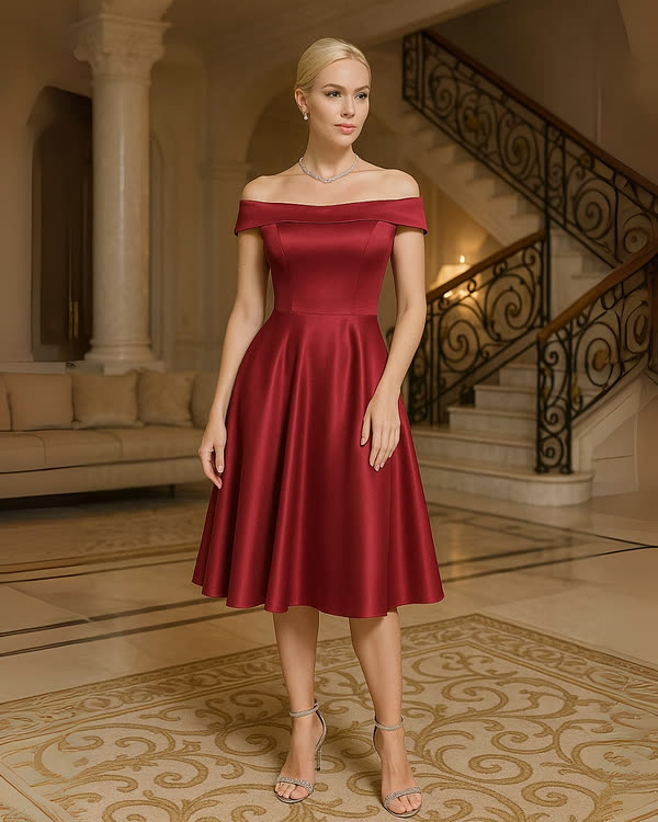 Vínové saténové šaty s odhalenými rameny